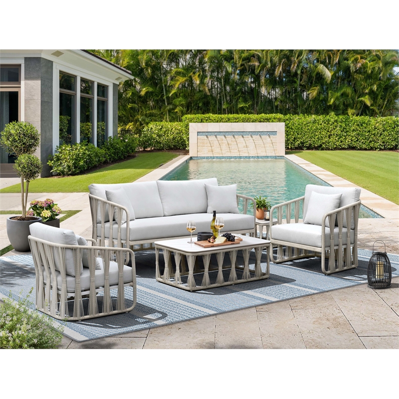 Pemberly Row Cushioned Aluminum Outdoor Patio Sofa with Pillows in White