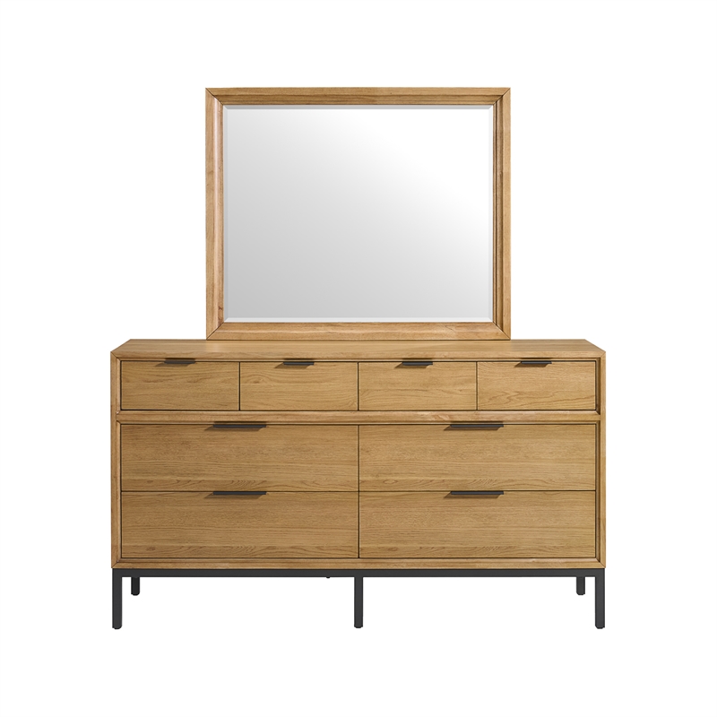 Pemberly Row Oak Veneer Beveled Bedroom Mirror in Natural Oak