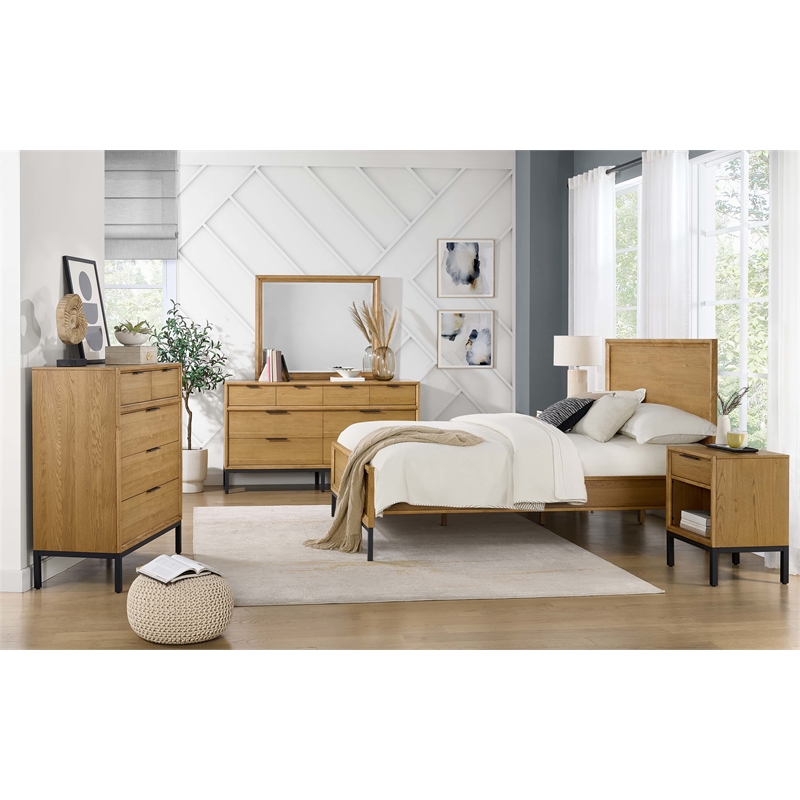 Pemberly Row Oak Veneer Beveled Bedroom Mirror in Natural Oak