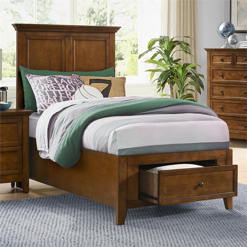 Pemberly Row Solid Rubberwood Twin Storage Youth Bed in Tuscan