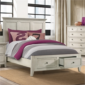 Pemberly Row Solid Rubberwood Full Storage Youth Bed in Rustic White