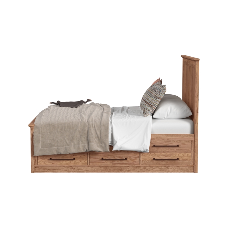 Pemberly Row Solid Oak Queen Captain's Bed with 9 Drawers in Taupe