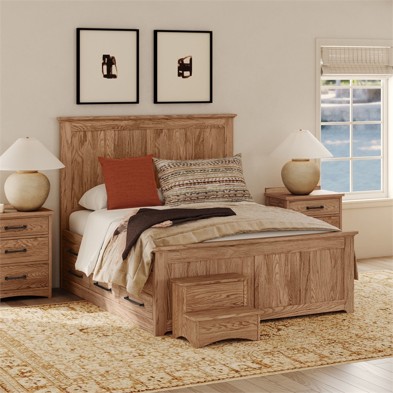 Pemberly Row Solid Oak Queen Captain's Bed with 9 Drawers in Taupe