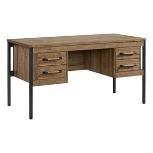 Pemberly Row 60&quot Industrial Wood and Metal Half Ped Desk in Hickory