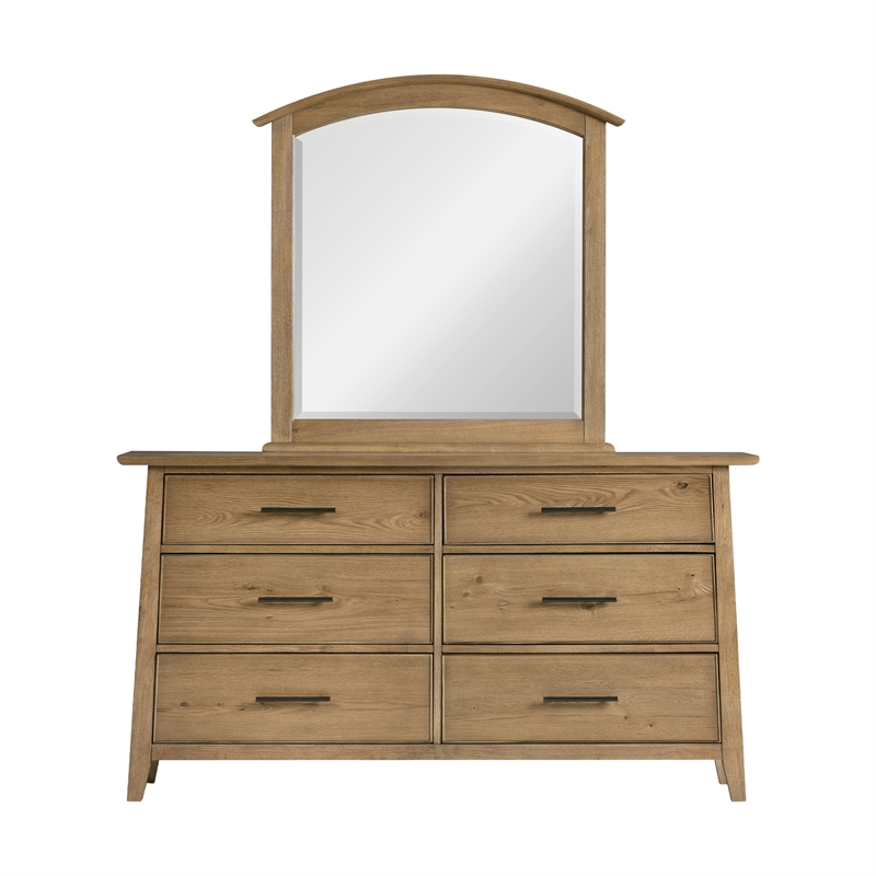 Pemberly Row Oak Veneer A-Frame Beveled Bedroom Mirror in Golden Oak