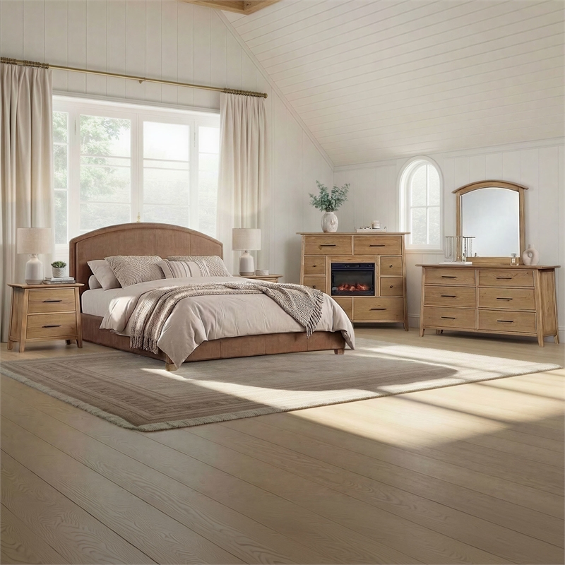 Pemberly Row Oak Veneer A-Frame Beveled Bedroom Mirror in Golden Oak