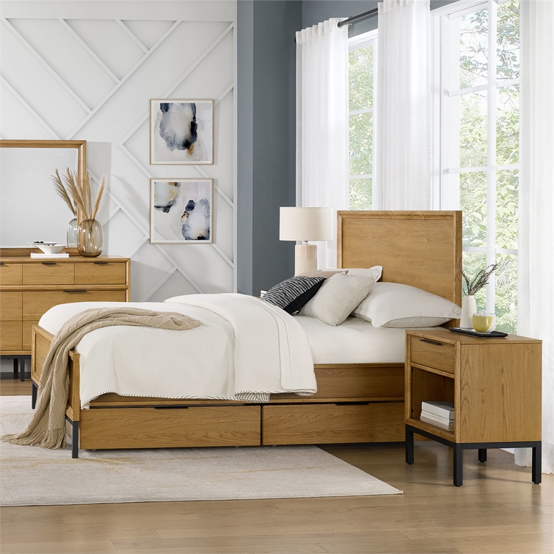 Pemberly Row Oak Veneer Modern Queen Platform Bed in Natural Oak