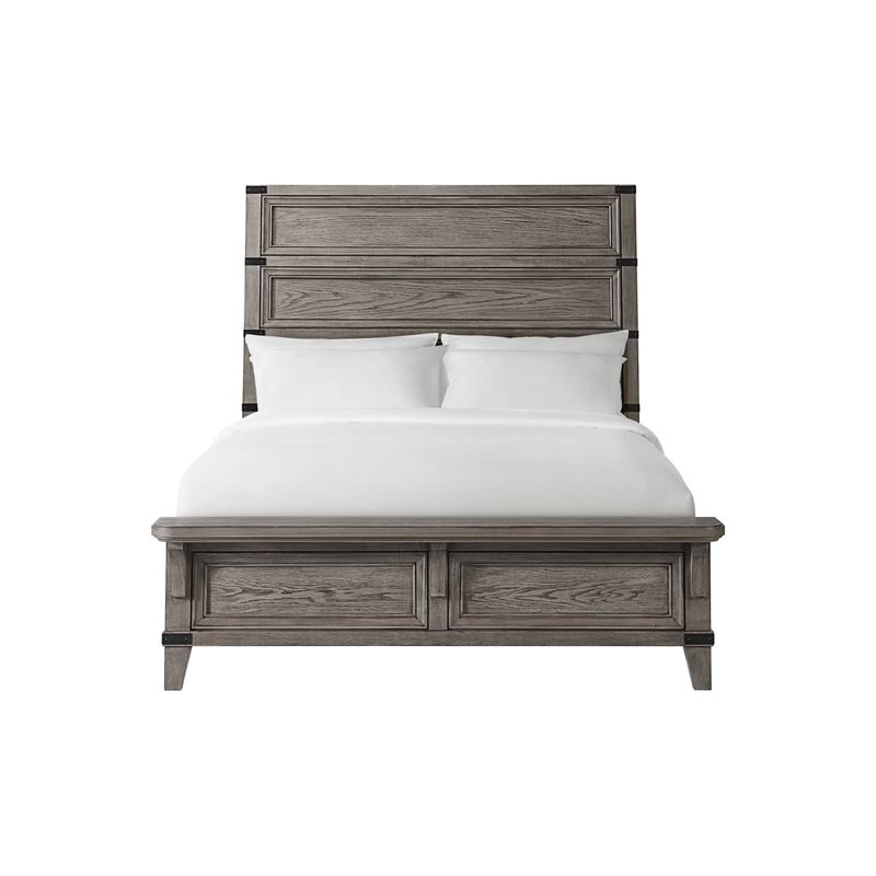 Pemberly Row Wire-Brushed Oak Veneer Queen Bed in Brushed Steel