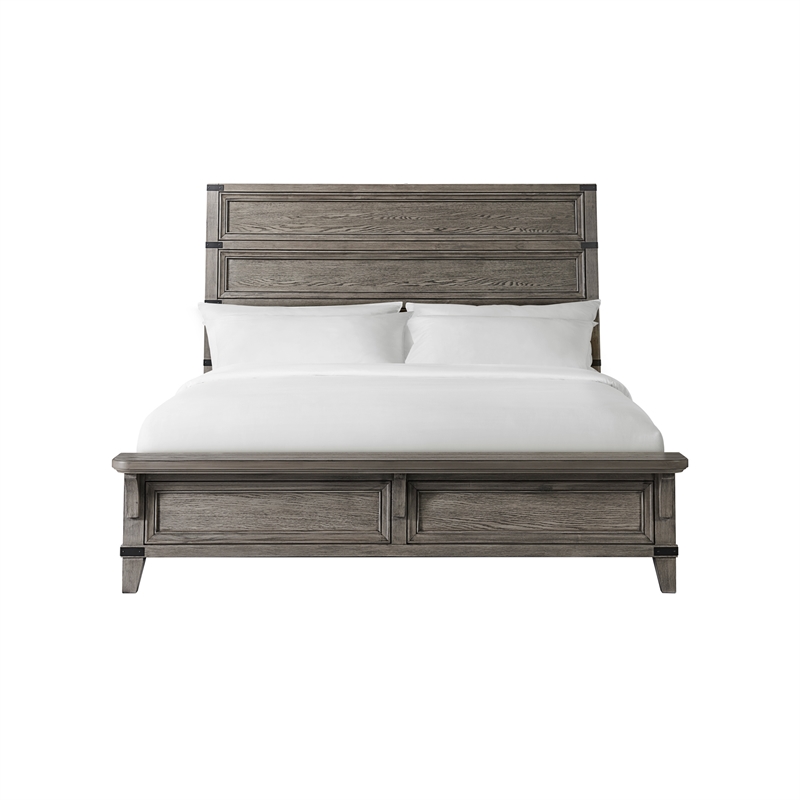 Pemberly Row Wire-Brushed Oak Veneer King Bed in Brushed Steel