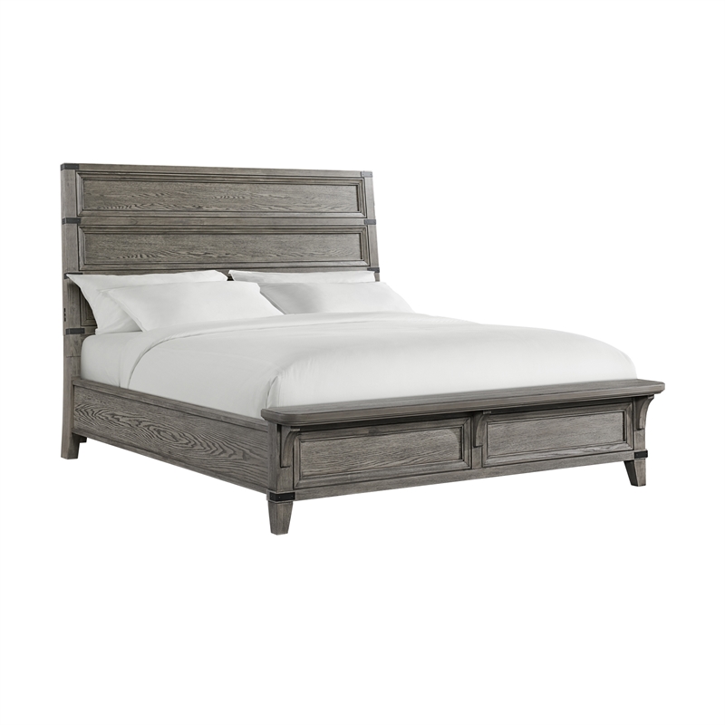 Pemberly Row Wire-Brushed Oak Veneer King Bed in Brushed Steel