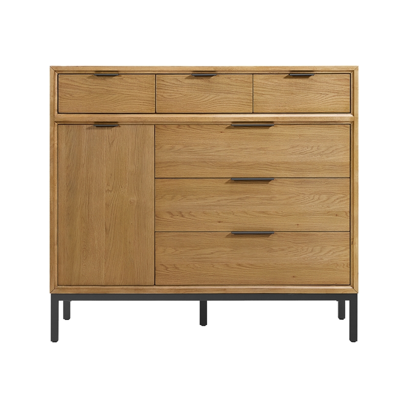 Pemberly Row Oak Veneer 6-Drawer Gentleman's Chest in Natural Oak