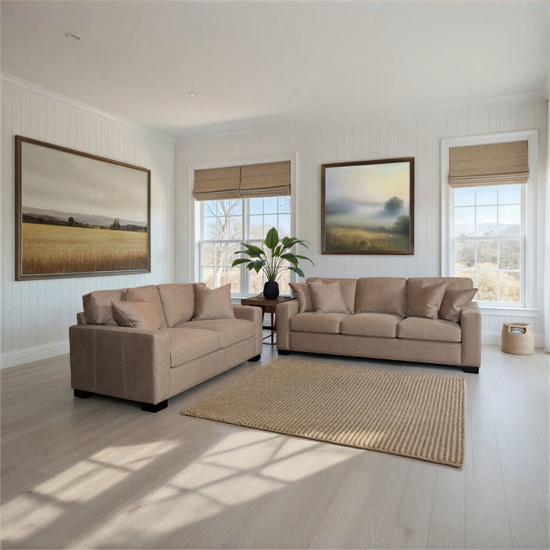 Pemberly Row Faux Nubuck Track Arm Sofa with 4 Pillows in Taupe