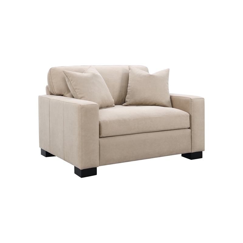 Pemberly Row Faux Nubuck Track Arm Double Chair with 2 Pillows in Taupe