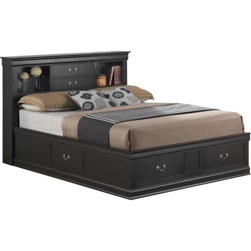 Pemberly Row Modern Queen Storage Bed with Drawers in Black Wood Finish
