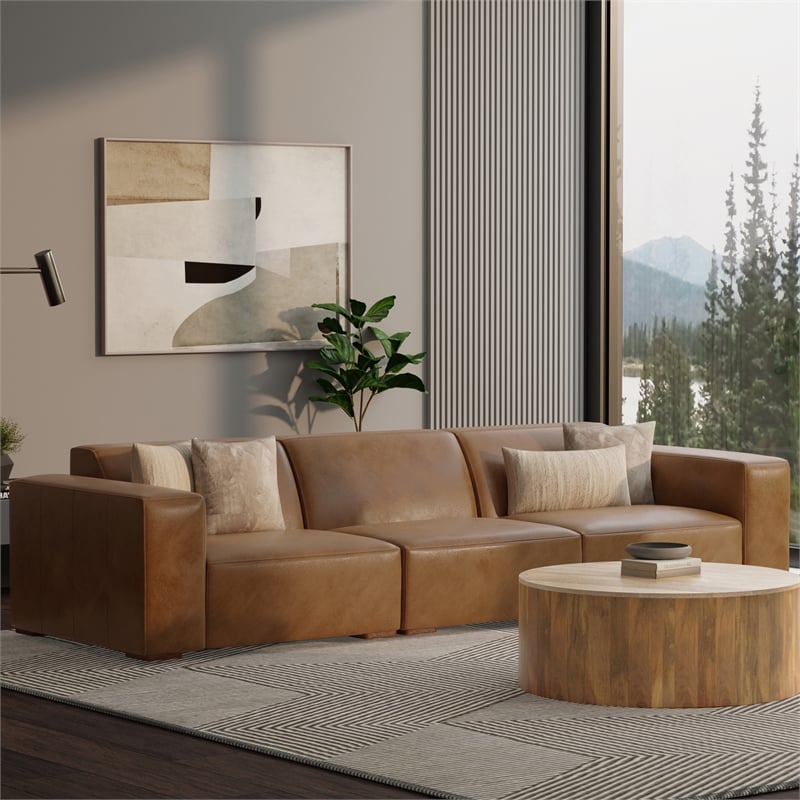Pemberly Row Right-Arm Sofa Module in Genuine Caramel Brown Leather