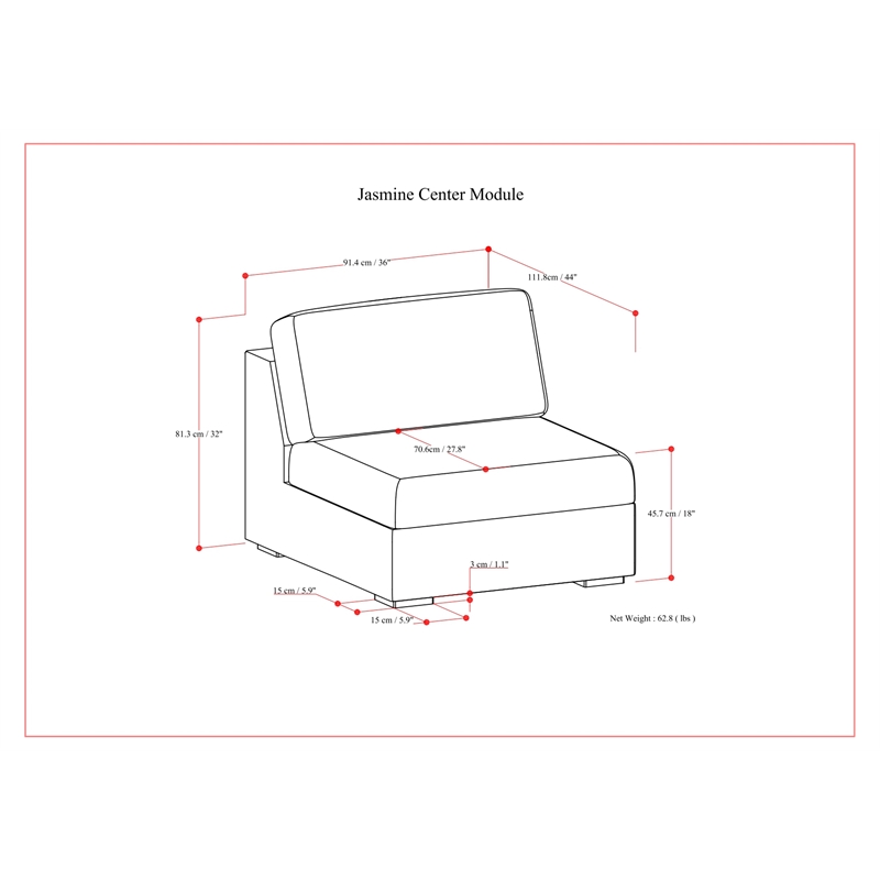 Pemberly Row Center Armless Sofa Module in Cloud Grey Performance Fabric