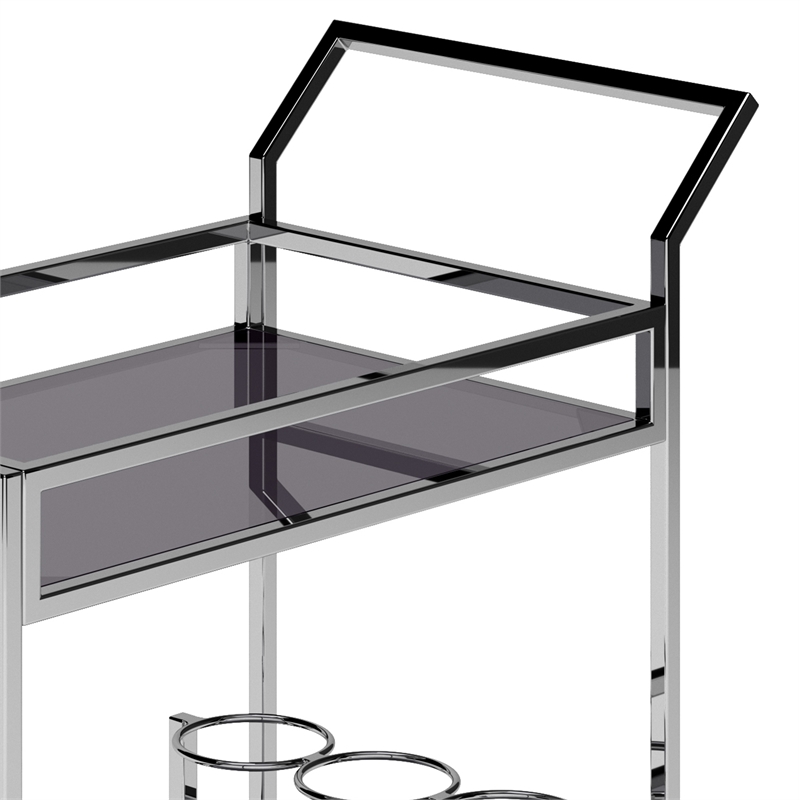 Pemberly Row Modern Bar Cart Metal and Tempered Glass in Chrome Finish