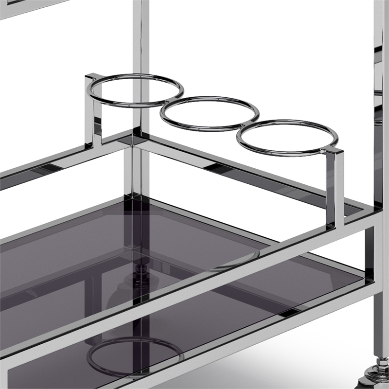 Pemberly Row Modern Bar Cart Metal and Tempered Glass in Chrome Finish