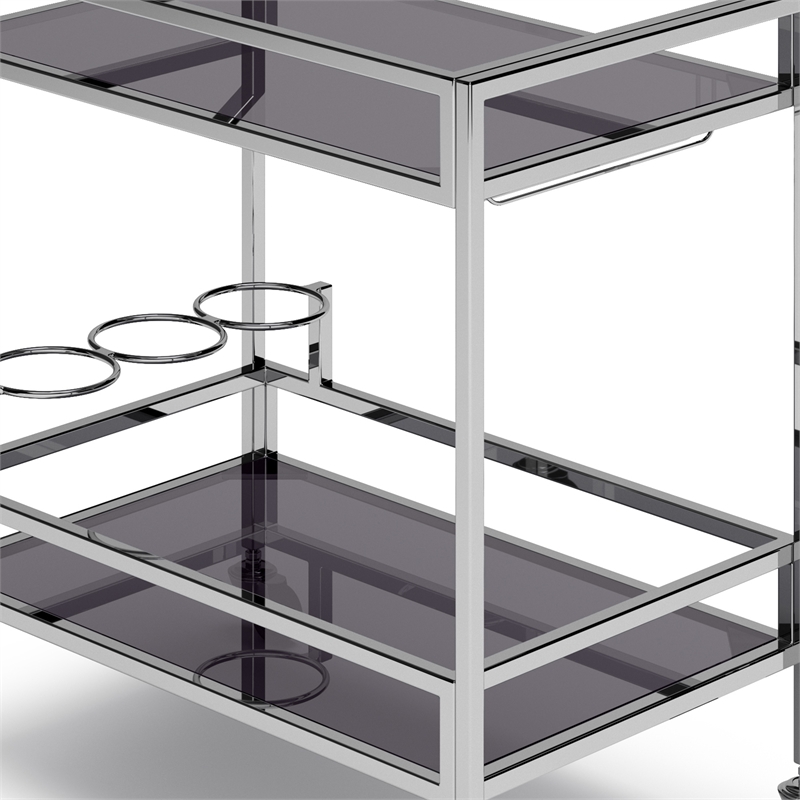 Pemberly Row Modern Bar Cart Metal and Tempered Glass in Chrome Finish