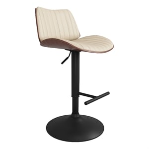 Pemberly Row Adjustable Swivel Bar Stool in Cream Faux Leather and Walnut Veneer