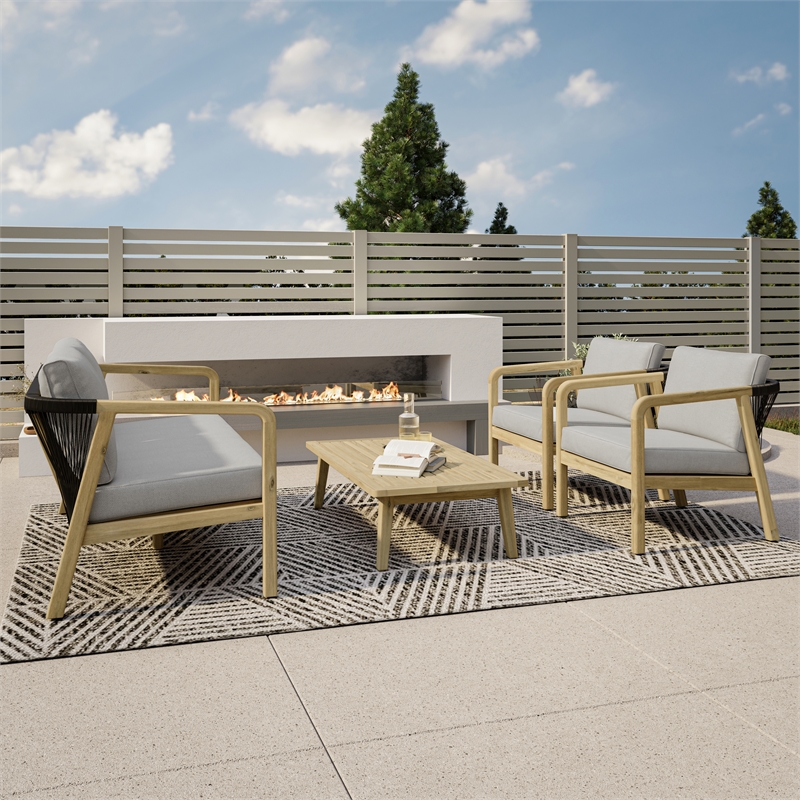 Pemberly Row 4-Piece Outdoor Conversation Set in Grey Fabric and Acacia Wood