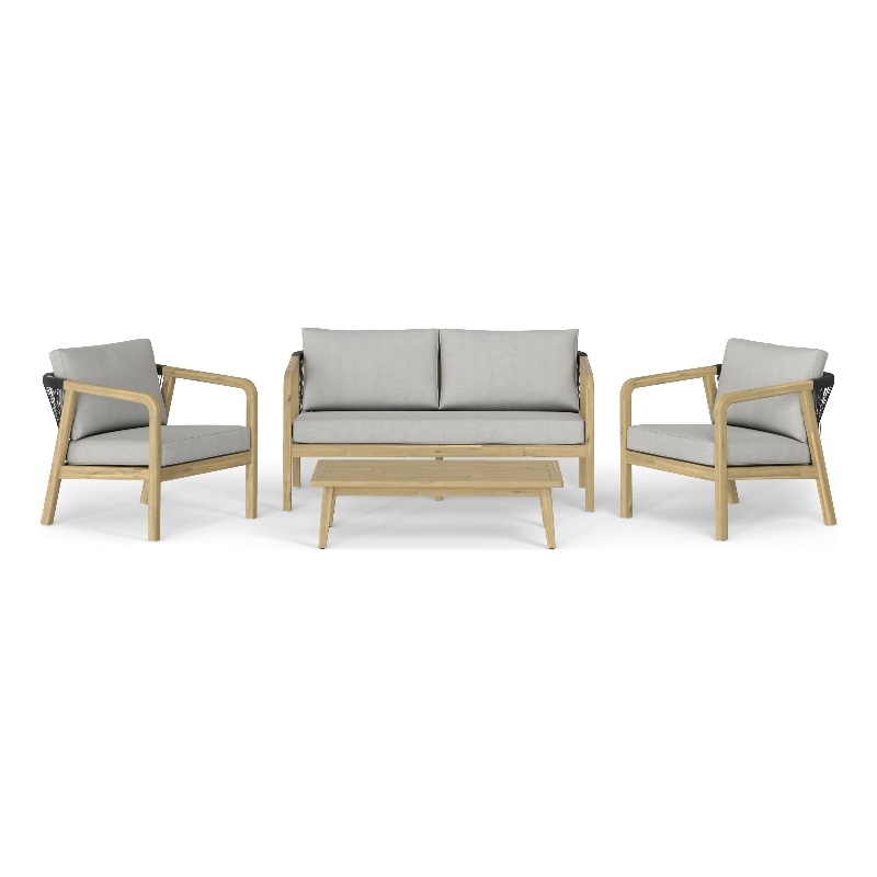 Pemberly Row 4-Piece Outdoor Conversation Set in Grey Fabric and Acacia Wood