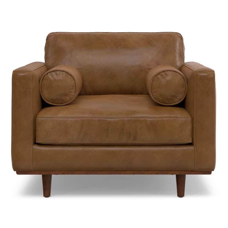 Pemberly Row Mid-Century Modern Armchair in Caramel Brown Genuine Leather