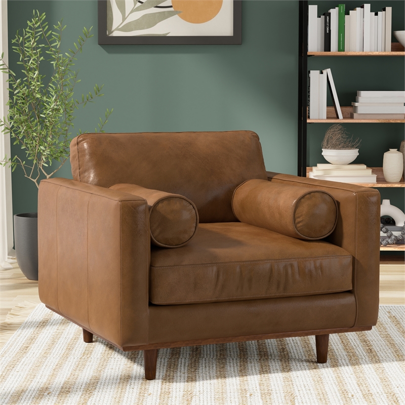 Pemberly Row Mid-Century Modern Armchair in Caramel Brown Genuine Leather
