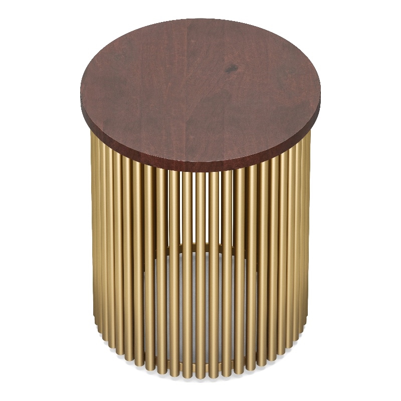 Pemberly Row Industrial Accent Table with Mango Wood Top in Cognac and Gold