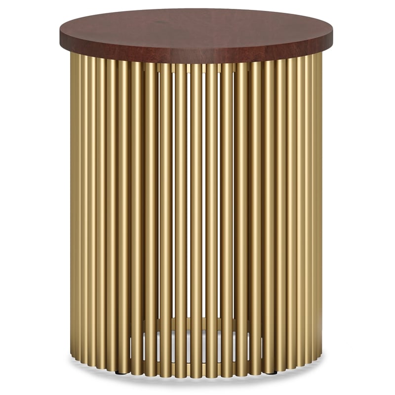 Pemberly Row Industrial Accent Table with Mango Wood Top in Cognac and Gold