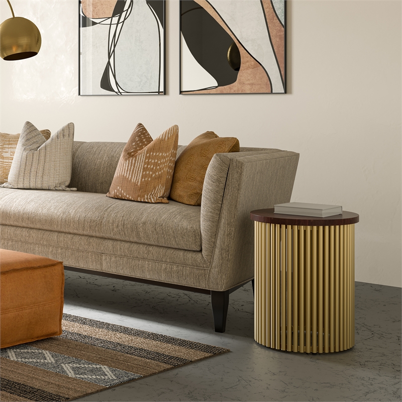 Pemberly Row Industrial Accent Table with Mango Wood Top in Cognac and Gold