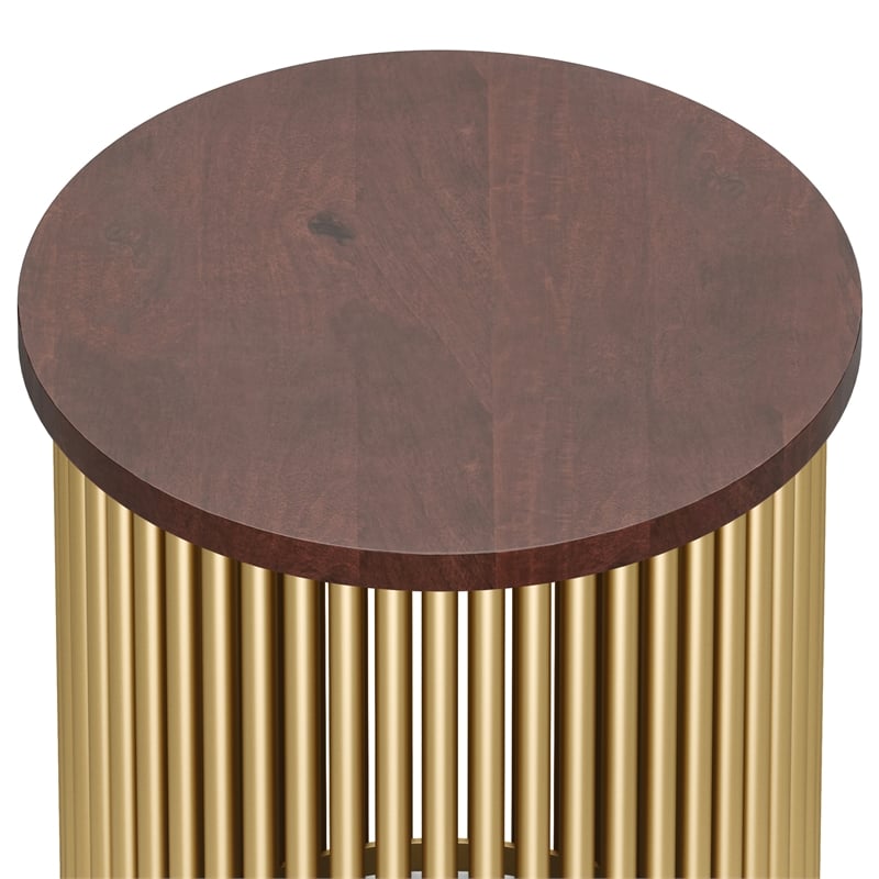 Pemberly Row Industrial Accent Table with Mango Wood Top in Cognac and Gold