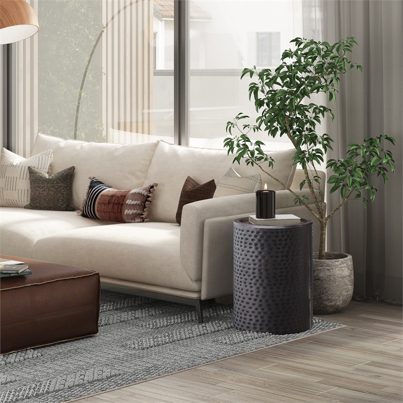 Pemberly Row Metal Cylinder Accent Table in Hammered Antique Copper 16 in
