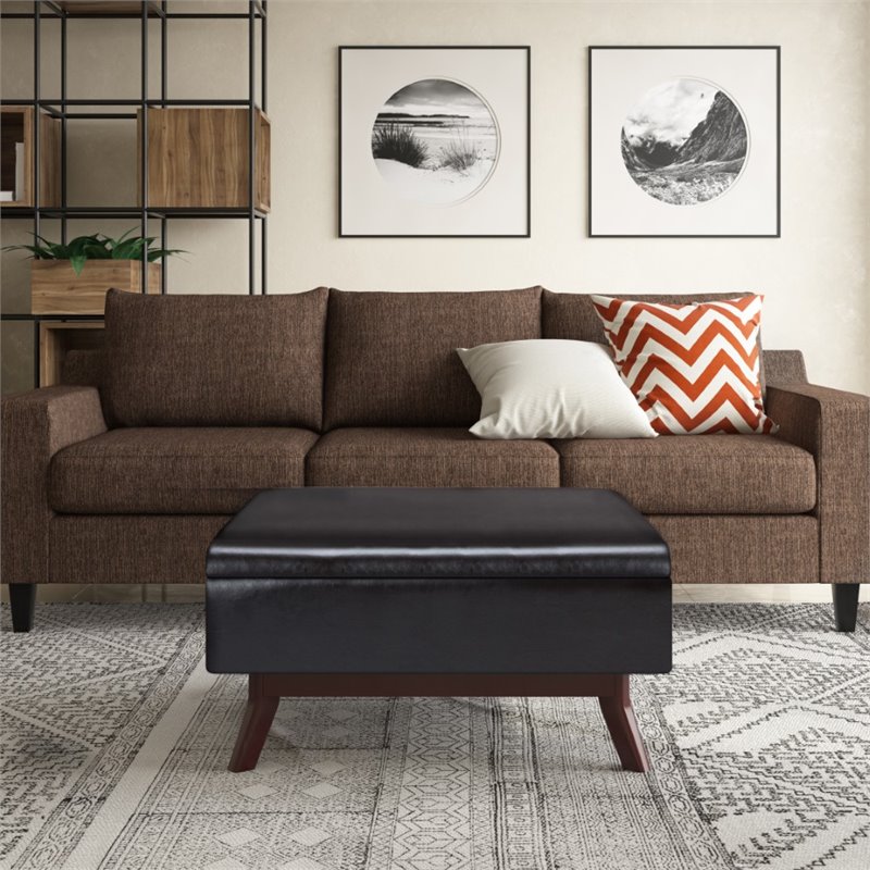 Pemberly Row Faux Air Leather Square Coffee Table Ottoman in Tanners Brown
