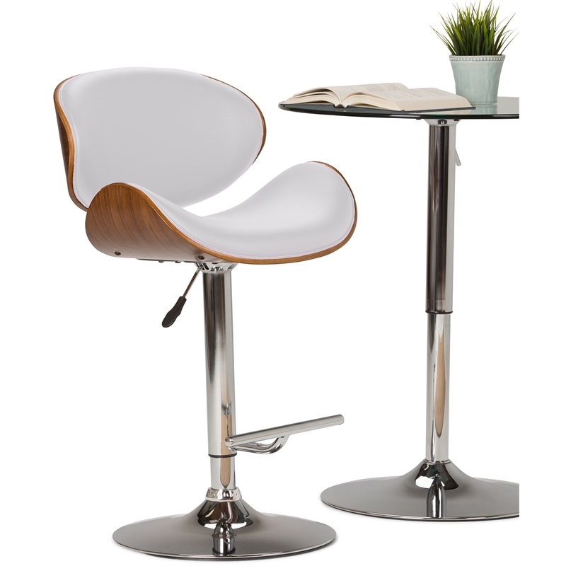 Pemberly Row Bentwood Adjustable Swivel Bar Stool Metal White Faux Leather