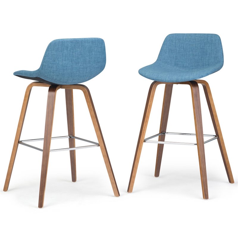 Pemberly Row Bentwood Bar Stool Set of 2 in Medium Blue Linen Fabric