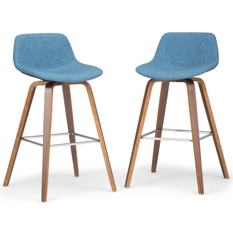 Pemberly Row Bentwood Bar Stool Set of 2 in Medium Blue Linen Fabric