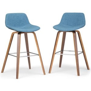 Pemberly Row Bentwood Bar Stool Set of 2 in Medium Blue Linen Fabric