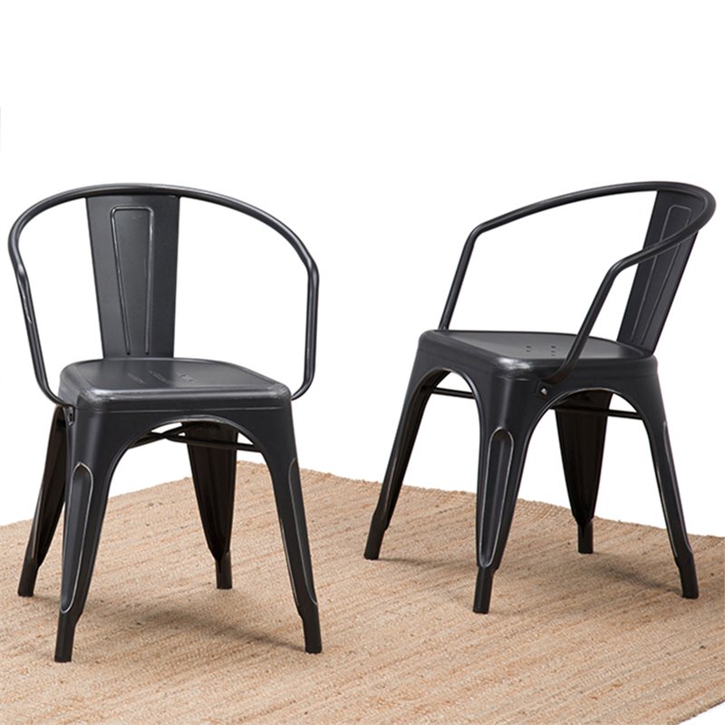 Pemberly Row Metal Dining Arm Chair Set of 2 in Distressed Black & Silver