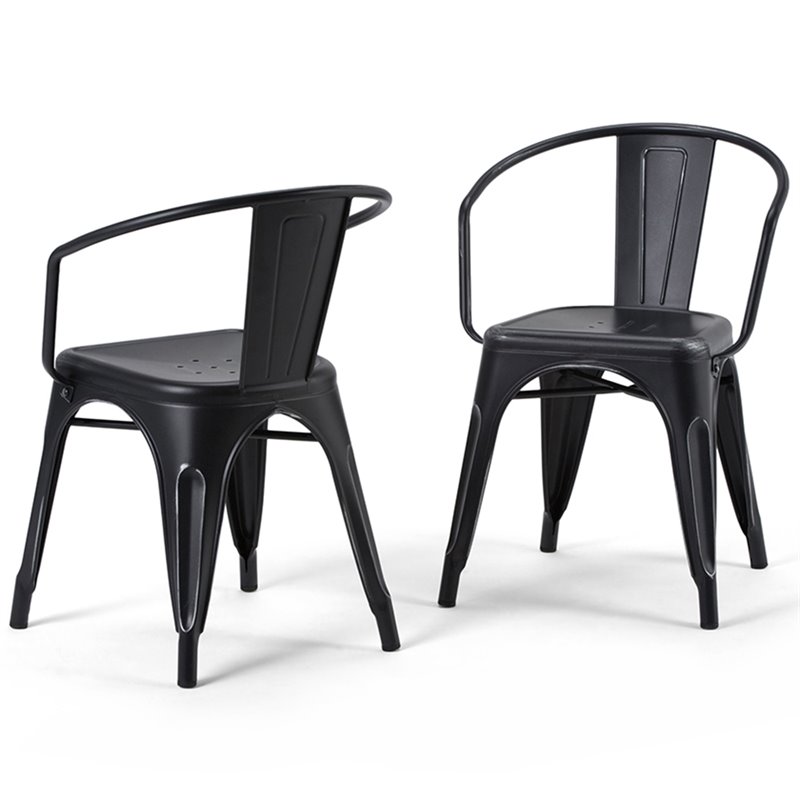 Pemberly Row Metal Dining Arm Chair Set of 2 in Distressed Black & Silver