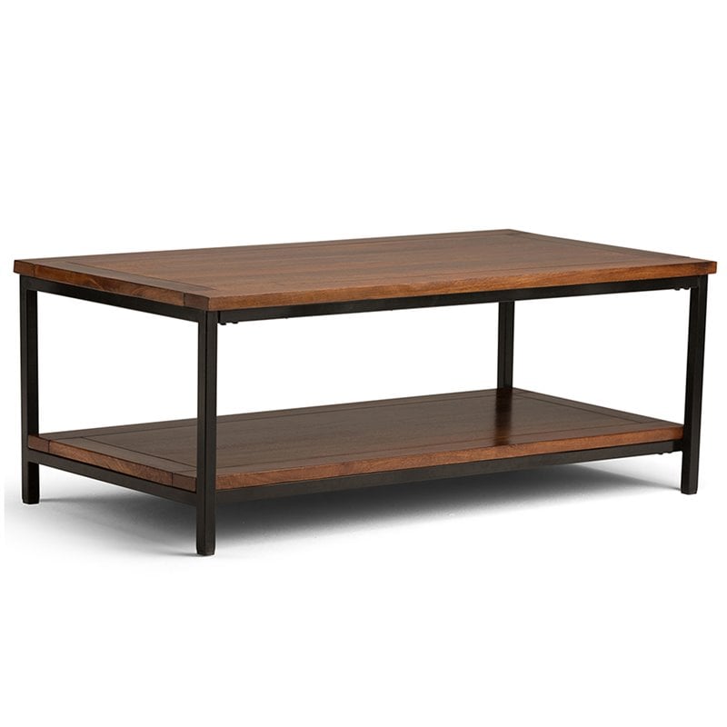 Pemberly Row Mango Wood Industrial Coffee Table in Dark Cognac Brown