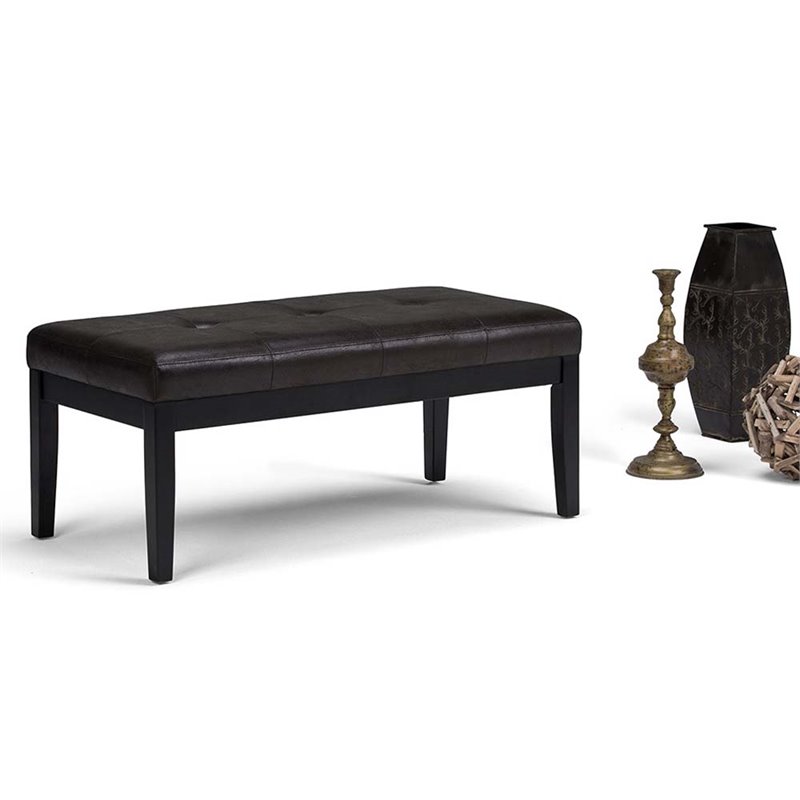 Pemberly Row Tufted Faux Leather Ottoman Bench in Black Distressed Finish
