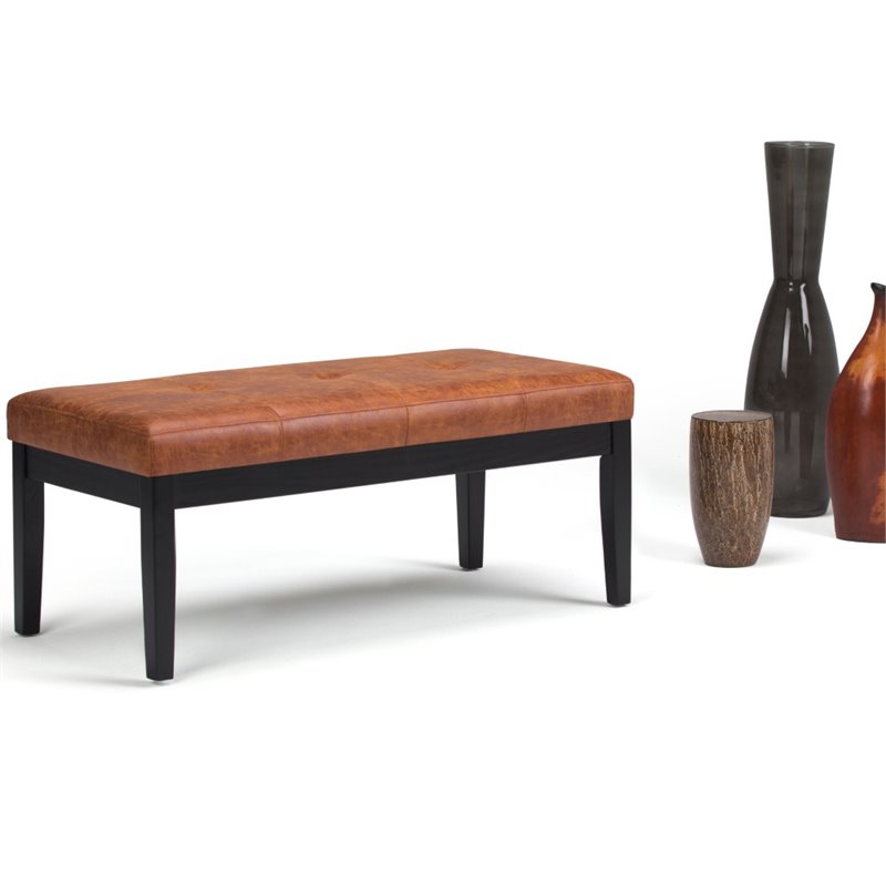 Pemberly Row Tufted Vegan Leather Ottoman Bench in Saddle Brown Finish