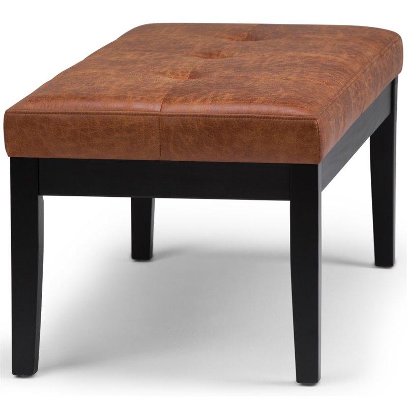 Pemberly Row Tufted Vegan Leather Ottoman Bench in Saddle Brown Finish
