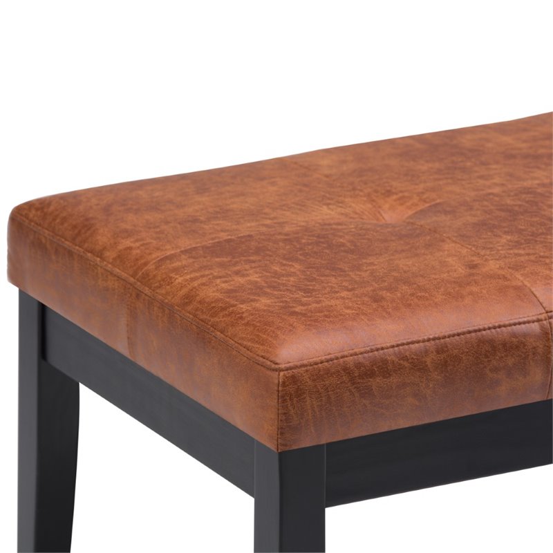 Pemberly Row Tufted Vegan Leather Ottoman Bench in Saddle Brown Finish