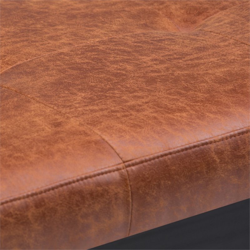 Pemberly Row Tufted Vegan Leather Ottoman Bench in Saddle Brown Finish