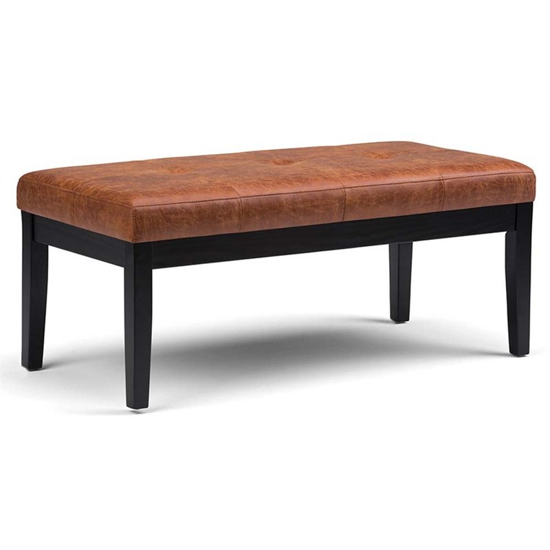 Pemberly Row Tufted Vegan Leather Ottoman Bench in Saddle Brown Finish
