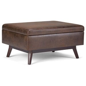 Pemberly Row Faux Leather Storage Ottoman in Distressed Chestnut Brown