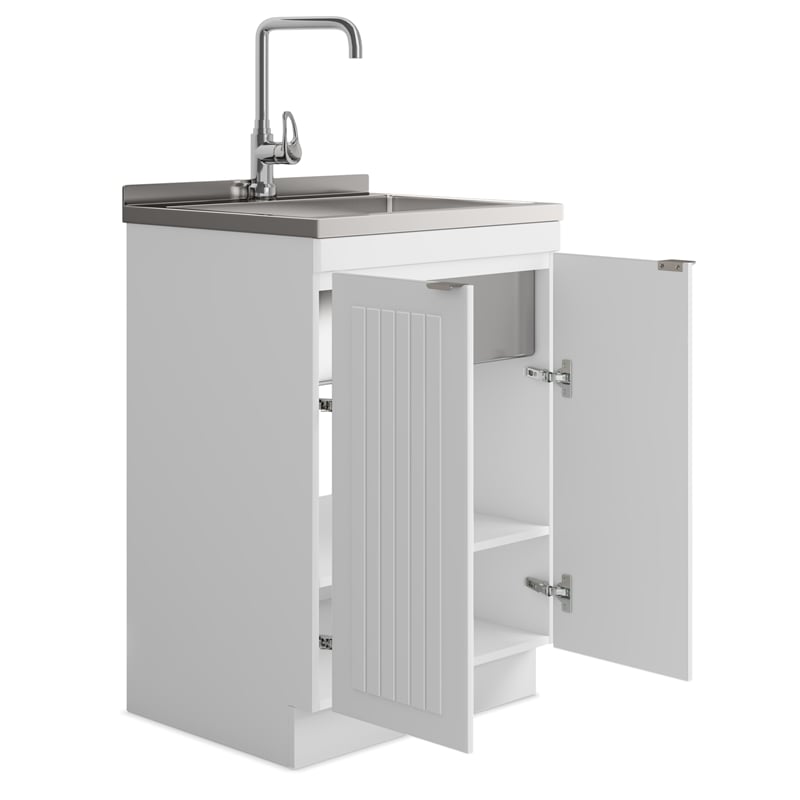 Pemberly Row 24 in Laundry Utility Sink Cabinet in White with High Faucet