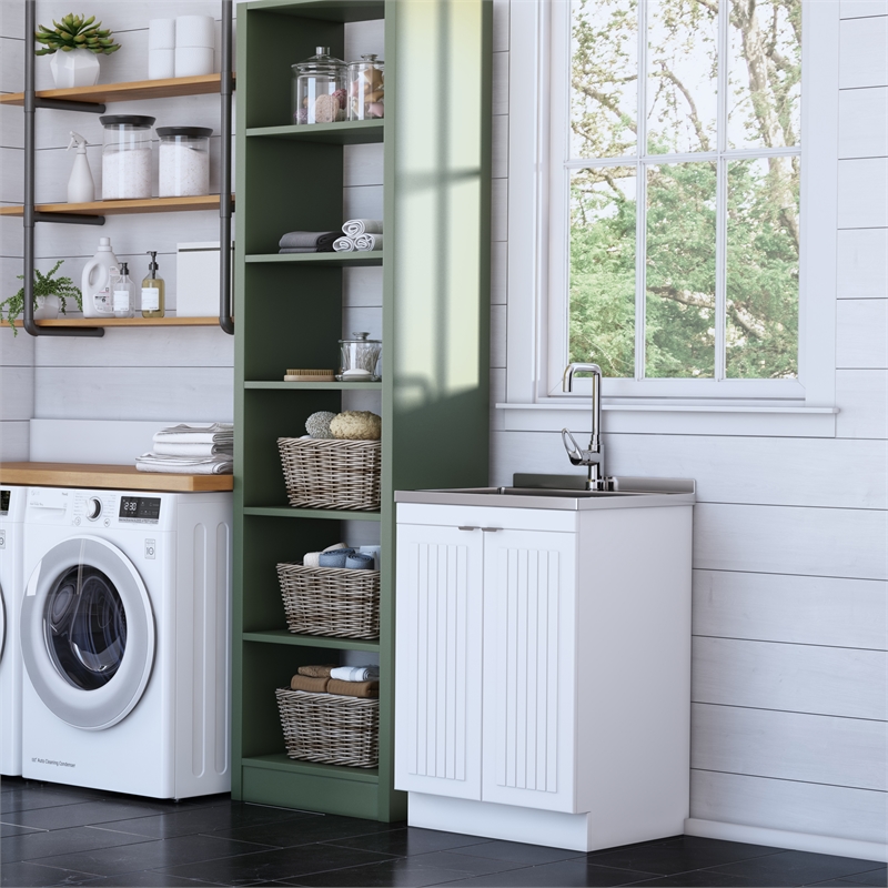 Pemberly Row 24 in Laundry Utility Sink Cabinet in White with High Faucet